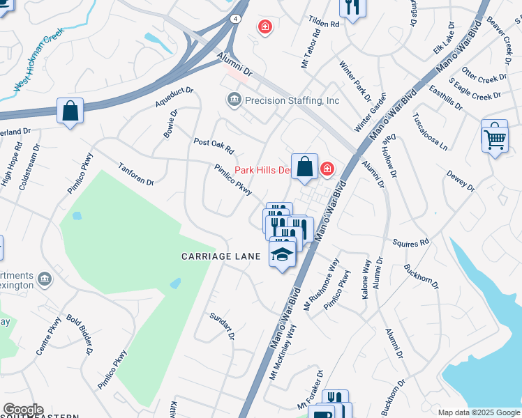 map of restaurants, bars, coffee shops, grocery stores, and more near 3161 High Ridge Drive in Lexington