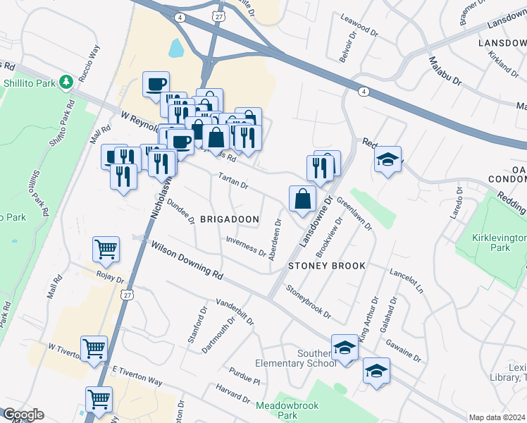 map of restaurants, bars, coffee shops, grocery stores, and more near 2912 Argyle Drive in Lexington