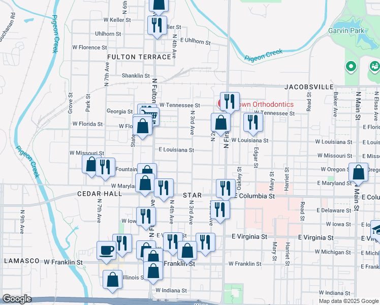 map of restaurants, bars, coffee shops, grocery stores, and more near 1031 North 3rd Avenue in Evansville