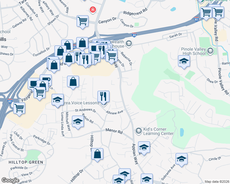 map of restaurants, bars, coffee shops, grocery stores, and more near 2650-2656 Appian Way in Pinole