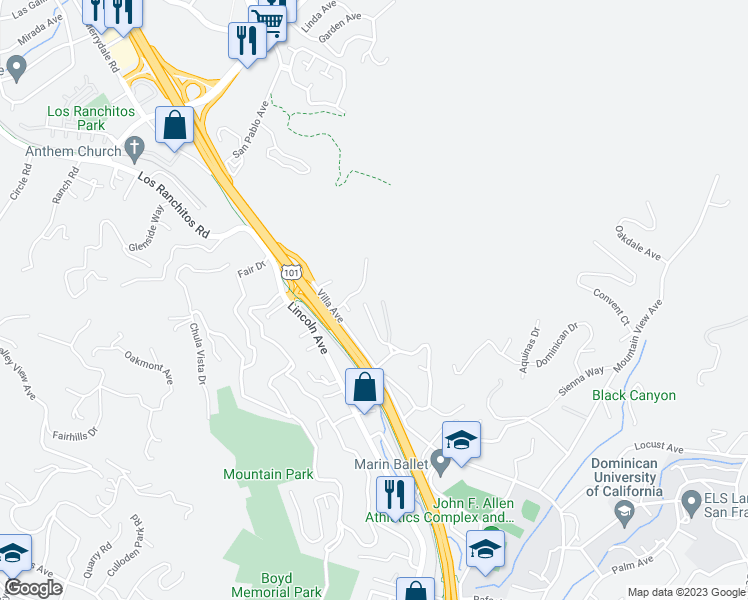 map of restaurants, bars, coffee shops, grocery stores, and more near 79 Corte Mesa Avenue in San Rafael