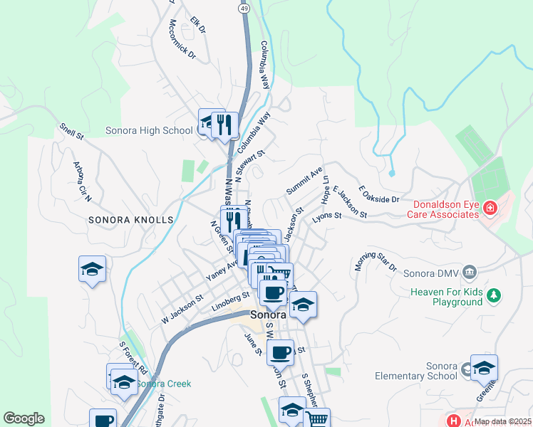 map of restaurants, bars, coffee shops, grocery stores, and more near 106 Summit Avenue in Sonora