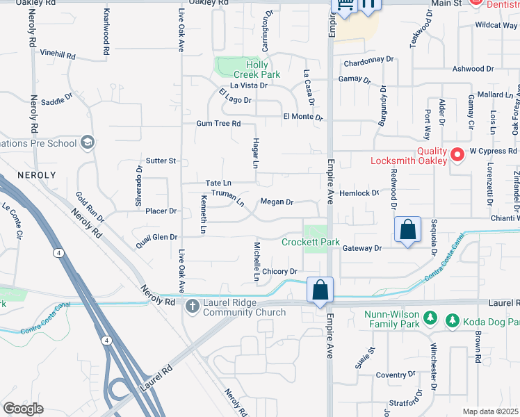 map of restaurants, bars, coffee shops, grocery stores, and more near 2215 Megan Drive in Oakley