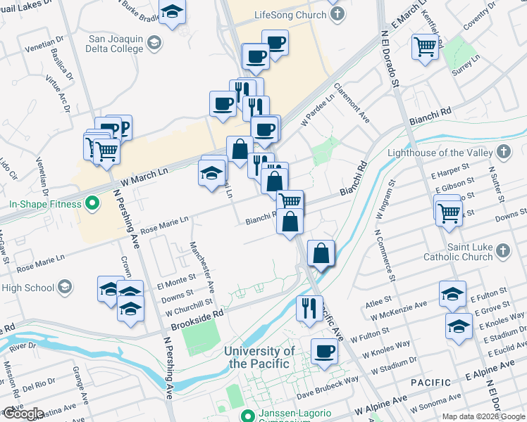 map of restaurants, bars, coffee shops, grocery stores, and more near in Stockton