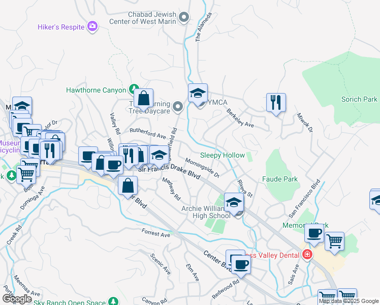 map of restaurants, bars, coffee shops, grocery stores, and more near 145 Meadowcroft Drive in San Anselmo