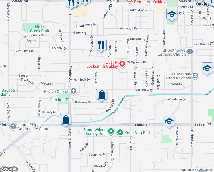 map of restaurants, bars, coffee shops, grocery stores, and more near 1701 Pine Court in Oakley