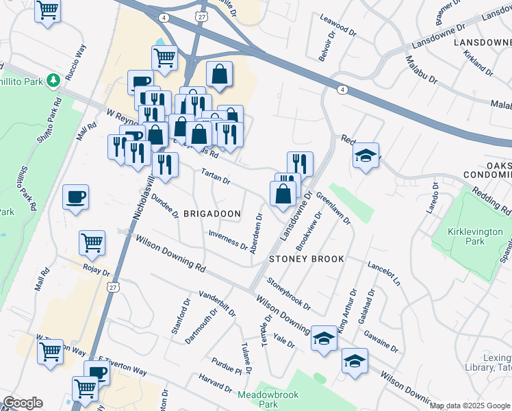 map of restaurants, bars, coffee shops, grocery stores, and more near 205 Aberdeen Drive in Lexington