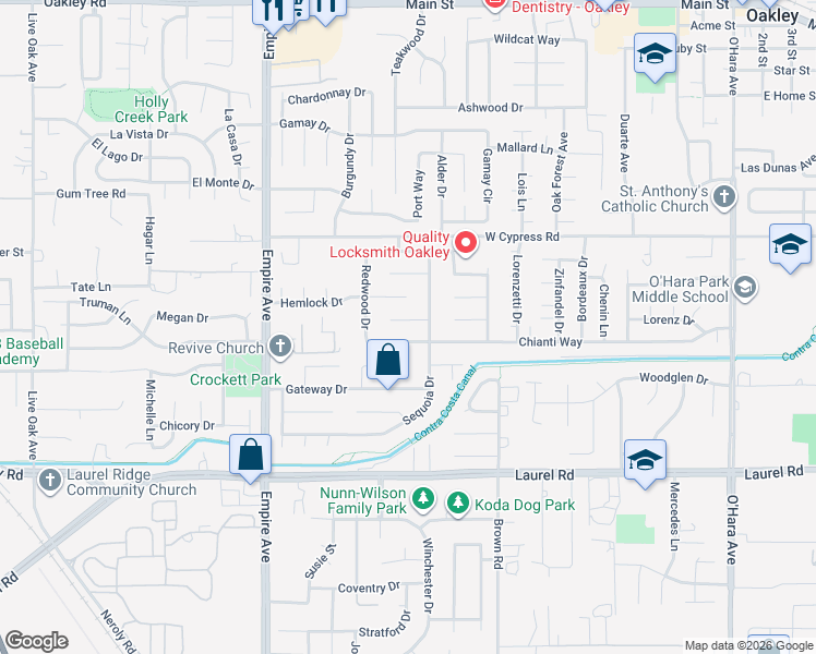 map of restaurants, bars, coffee shops, grocery stores, and more near 1701 Pine Court in Oakley