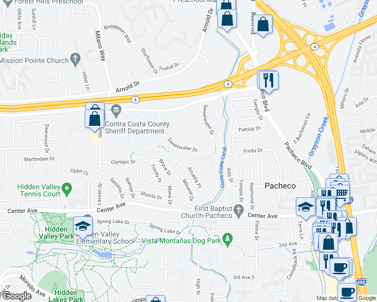 map of restaurants, bars, coffee shops, grocery stores, and more near 2318 Sweetwater Drive in Martinez