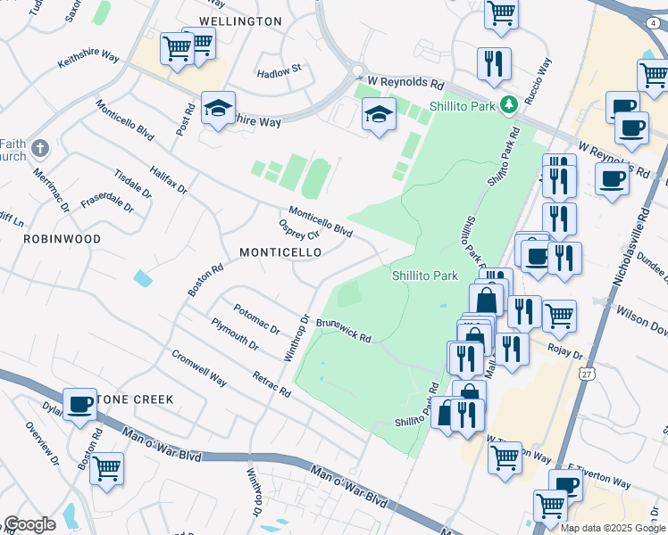 map of restaurants, bars, coffee shops, grocery stores, and more near 3427 Winthrop Drive in Lexington