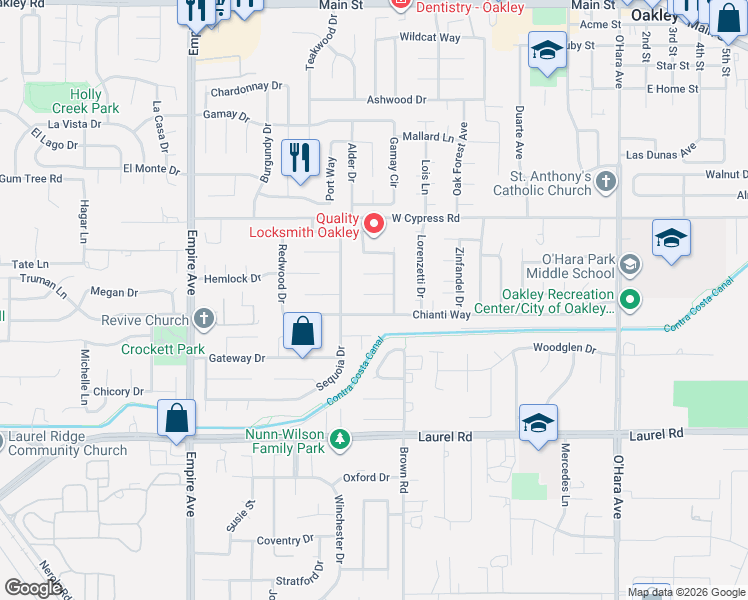 map of restaurants, bars, coffee shops, grocery stores, and more near 331 Maude Court in Oakley