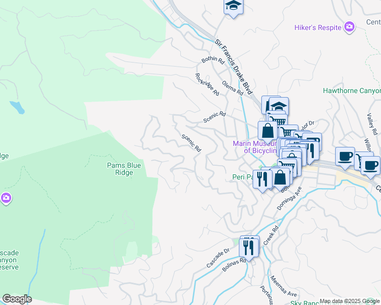 map of restaurants, bars, coffee shops, grocery stores, and more near 300 Scenic Road in Fairfax