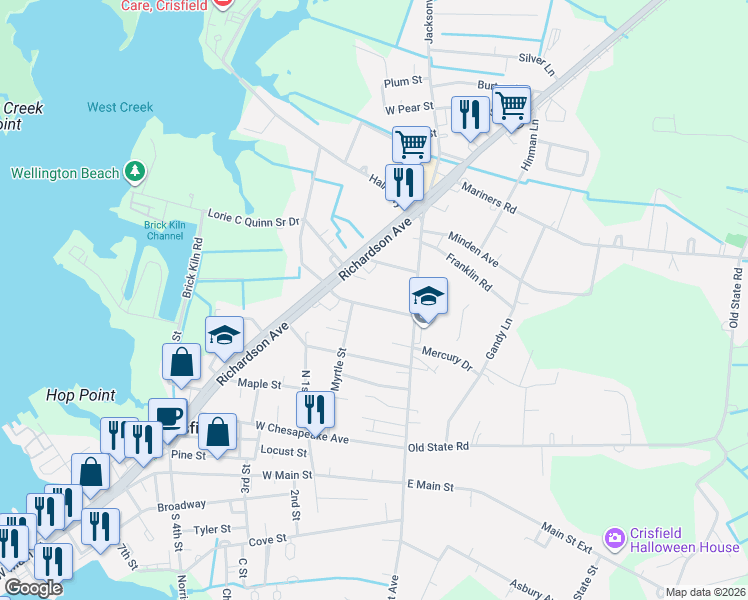 map of restaurants, bars, coffee shops, grocery stores, and more near 12 Potomac Street in Crisfield