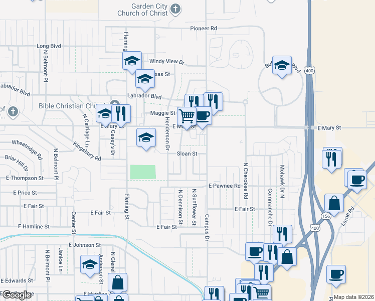 map of restaurants, bars, coffee shops, grocery stores, and more near 1838 North Koster Street in Garden City