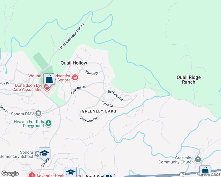 map of restaurants, bars, coffee shops, grocery stores, and more near 13065 Beckwith Road in Sonora