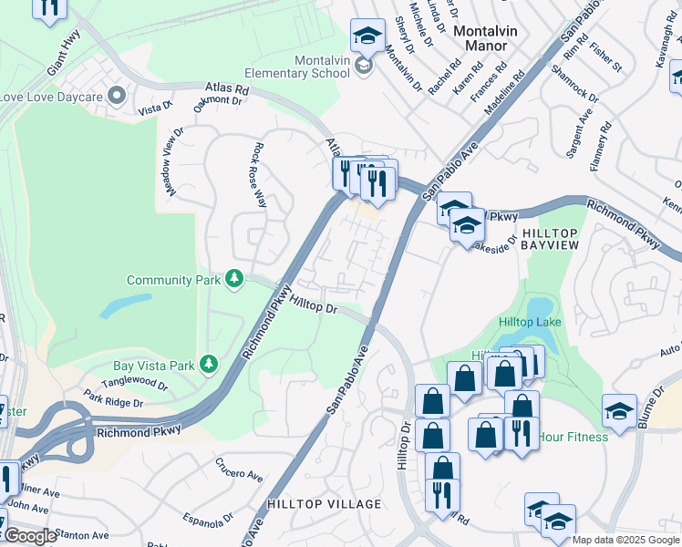 map of restaurants, bars, coffee shops, grocery stores, and more near 2601 Hilltop Drive in Richmond