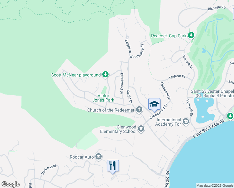 map of restaurants, bars, coffee shops, grocery stores, and more near 27 Briarwood Drive in San Rafael