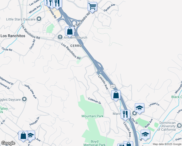 map of restaurants, bars, coffee shops, grocery stores, and more near 80 Fair Drive in San Rafael