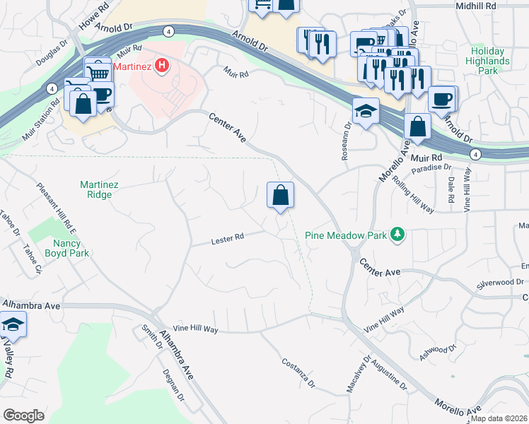 map of restaurants, bars, coffee shops, grocery stores, and more near 4885 Milden Road in Martinez