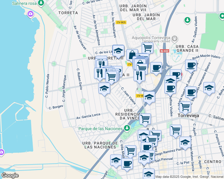 map of restaurants, bars, coffee shops, grocery stores, and more near 17 Calle de los Geranios in Torrevieja