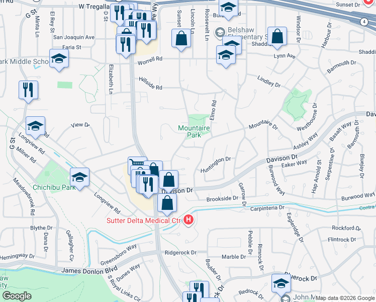 map of restaurants, bars, coffee shops, grocery stores, and more near 108 Fleetwood Drive in Antioch
