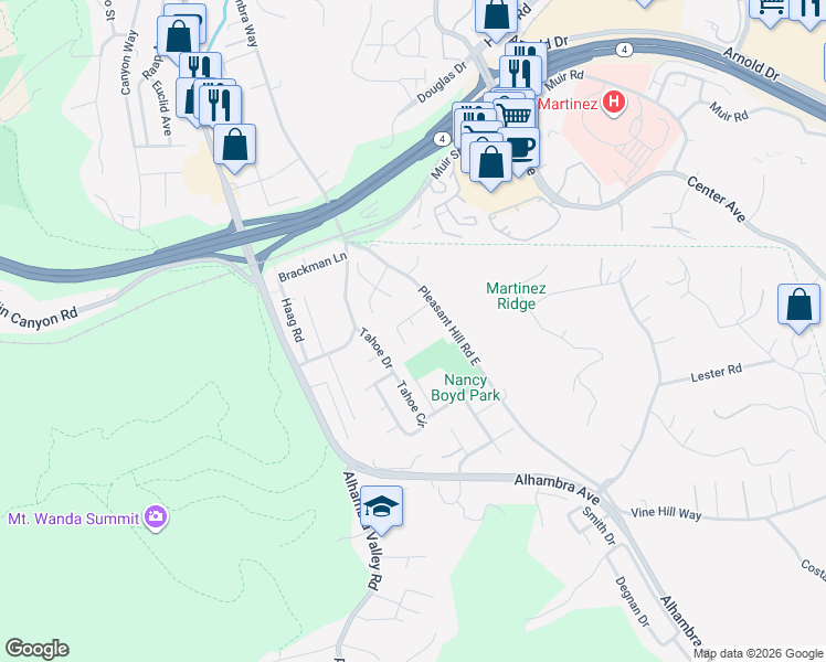 map of restaurants, bars, coffee shops, grocery stores, and more near 35 Barber Court in Martinez