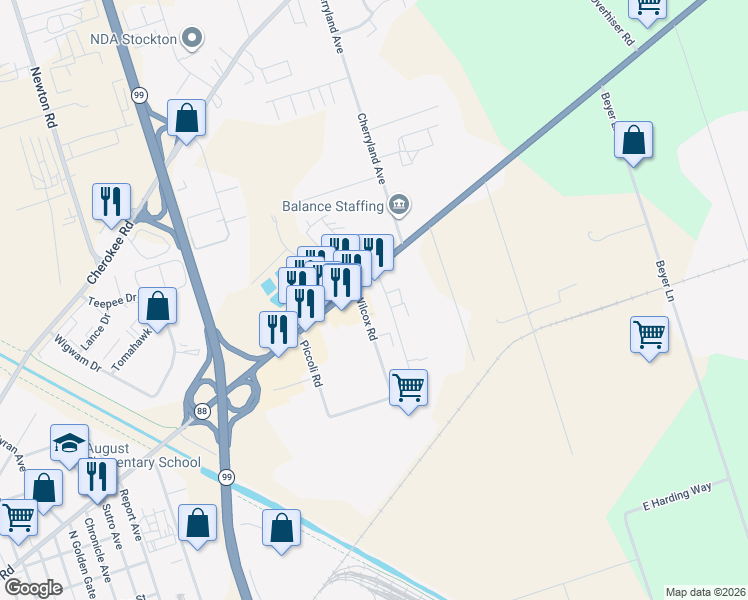 map of restaurants, bars, coffee shops, grocery stores, and more near 2470 Wilcox Road in Stockton