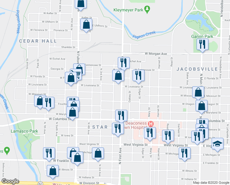map of restaurants, bars, coffee shops, grocery stores, and more near 1025 North 2nd Avenue in Evansville