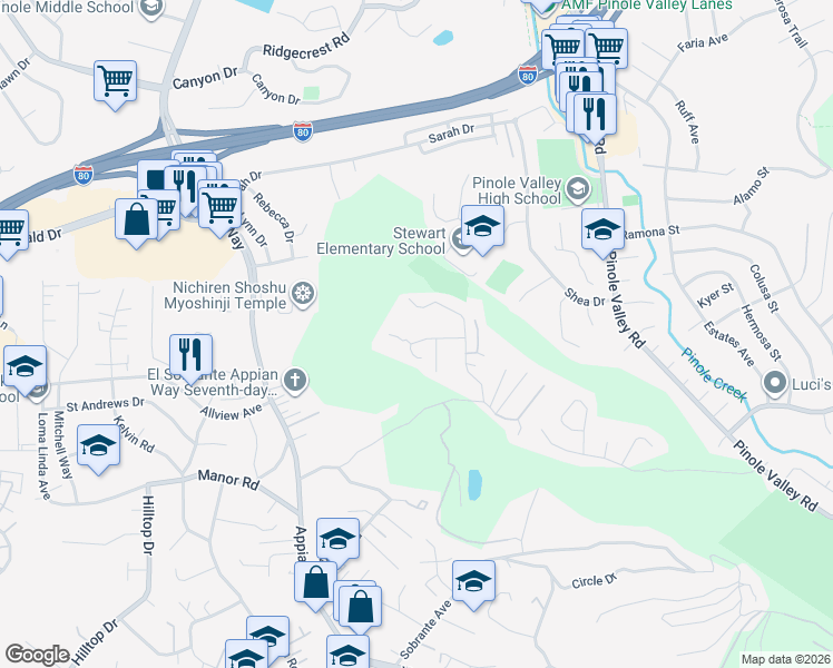 map of restaurants, bars, coffee shops, grocery stores, and more near 200 North Rancho Place in El Sobrante