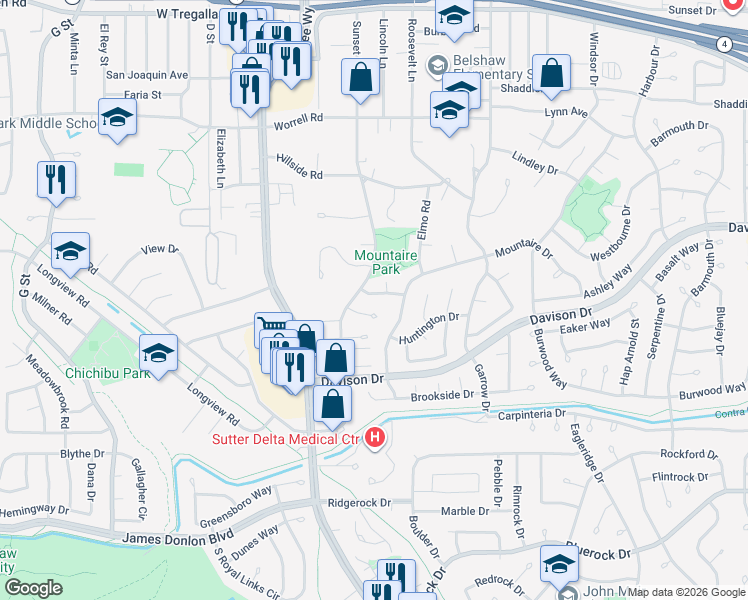 map of restaurants, bars, coffee shops, grocery stores, and more near 108 Fleetwood Drive in Antioch
