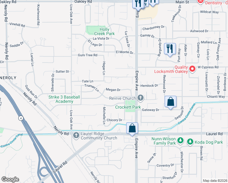 map of restaurants, bars, coffee shops, grocery stores, and more near 2169 Megan Drive in Oakley