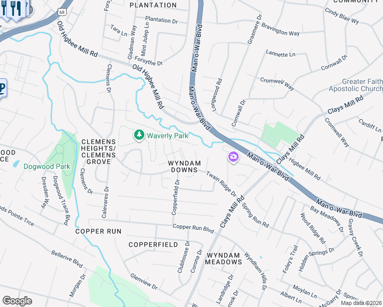 map of restaurants, bars, coffee shops, grocery stores, and more near 4229 Kensington Garden Court in Lexington