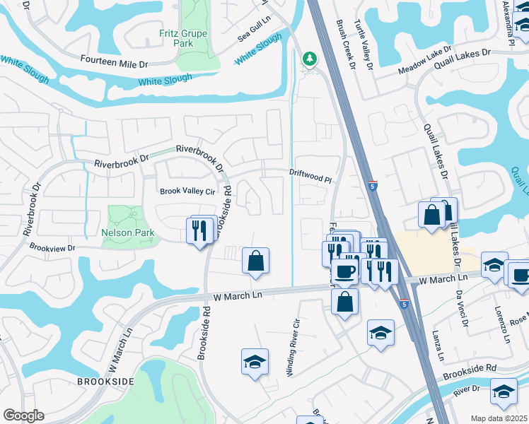 map of restaurants, bars, coffee shops, grocery stores, and more near 3662 Whispering Creek Circle in Stockton