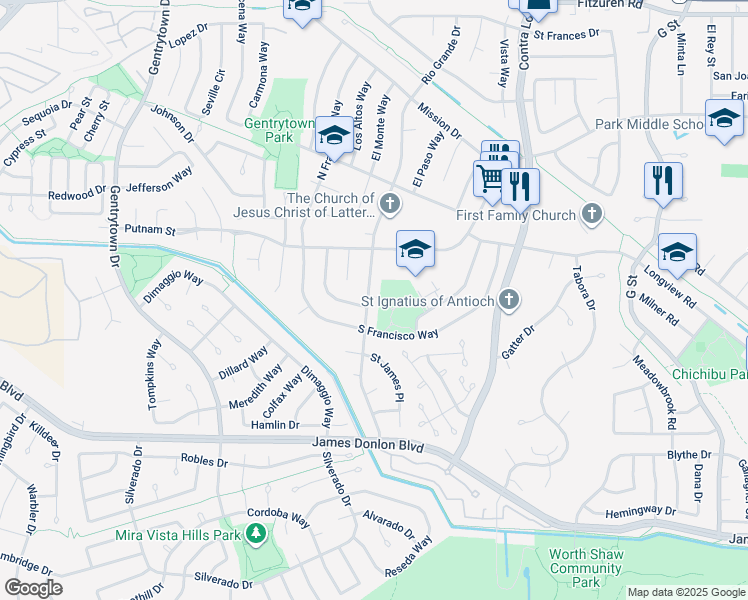 map of restaurants, bars, coffee shops, grocery stores, and more near 3133 Rio Grande Drive in Antioch