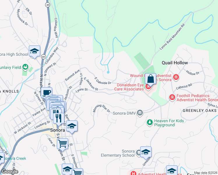map of restaurants, bars, coffee shops, grocery stores, and more near 445 East Jackson Street in Sonora