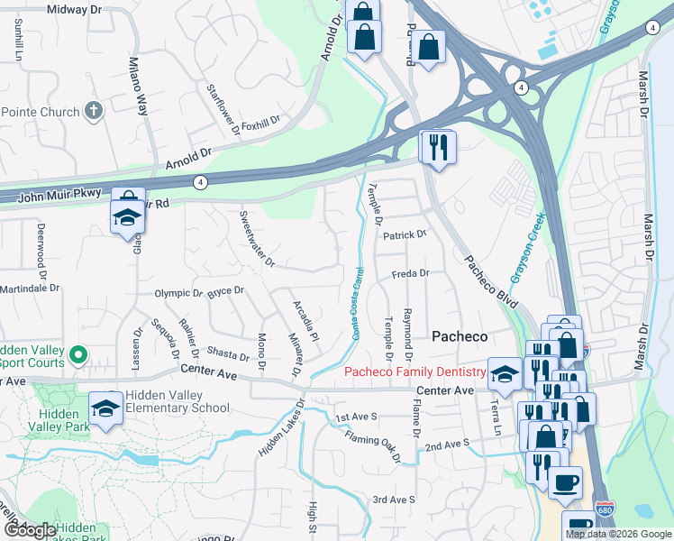 map of restaurants, bars, coffee shops, grocery stores, and more near 2334 Sweetwater Drive in Martinez