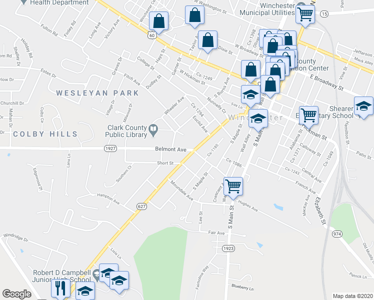map of restaurants, bars, coffee shops, grocery stores, and more near 226 Highway 1927 in Winchester