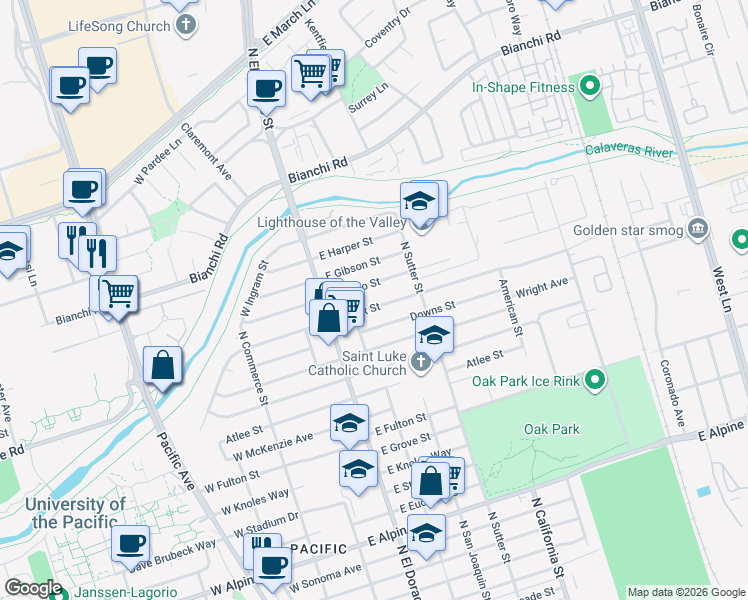 map of restaurants, bars, coffee shops, grocery stores, and more near 216 Essex Street in Stockton