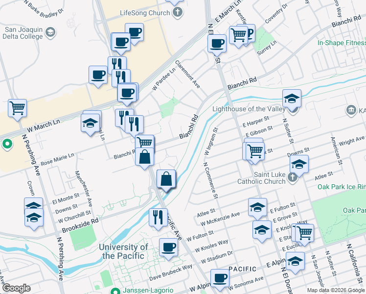 map of restaurants, bars, coffee shops, grocery stores, and more near 328 Northbank Court in Stockton