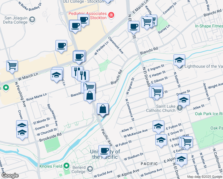 map of restaurants, bars, coffee shops, grocery stores, and more near 328 Northbank Court in Stockton