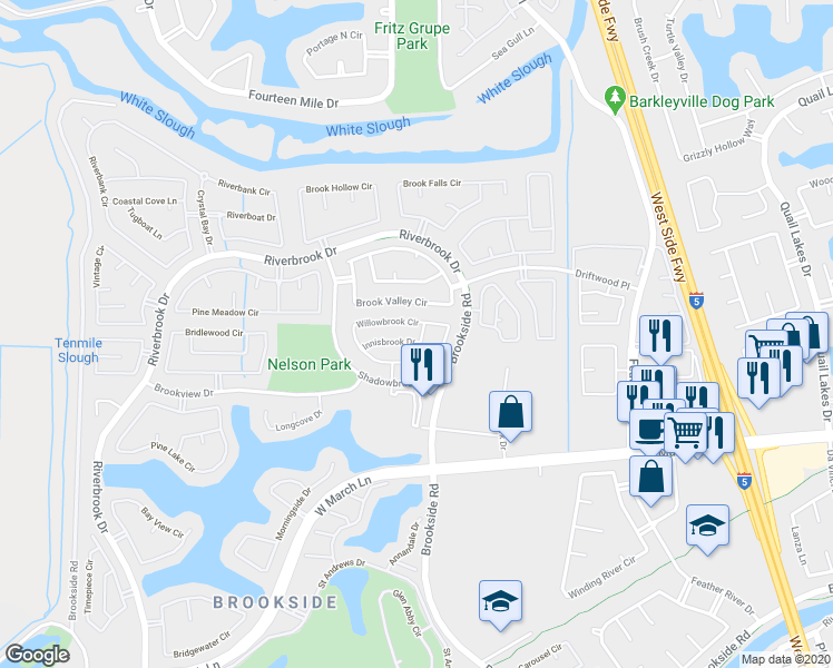 map of restaurants, bars, coffee shops, grocery stores, and more near 5008 Innisbrook Drive in Stockton
