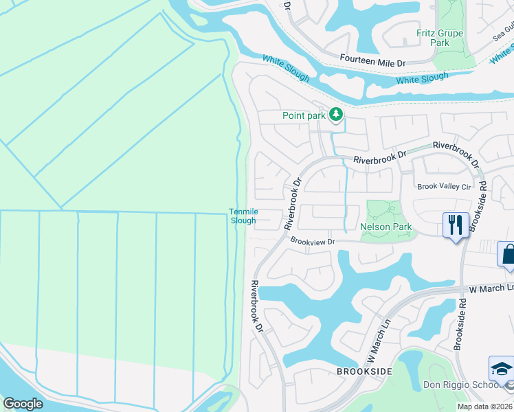 map of restaurants, bars, coffee shops, grocery stores, and more near 5428 Rockwood Circle in Stockton