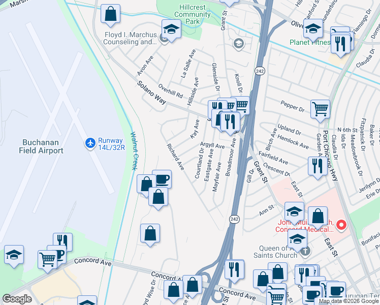 map of restaurants, bars, coffee shops, grocery stores, and more near 2761 Courtland Drive in Concord