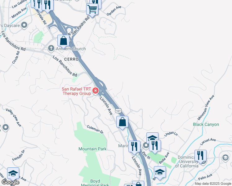 map of restaurants, bars, coffee shops, grocery stores, and more near 257 Glen Park Avenue in San Rafael