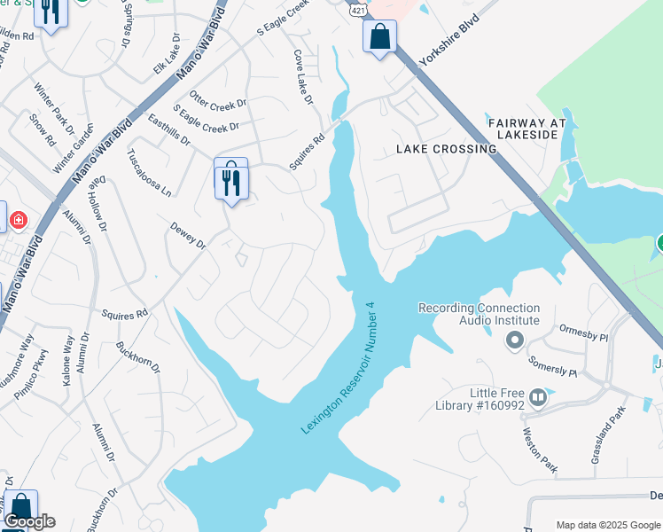 map of restaurants, bars, coffee shops, grocery stores, and more near 301 Shoreside Drive in Lexington
