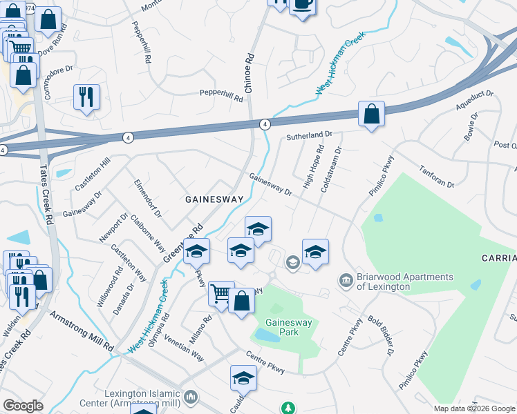 map of restaurants, bars, coffee shops, grocery stores, and more near 3446 Sutherland Drive in Lexington