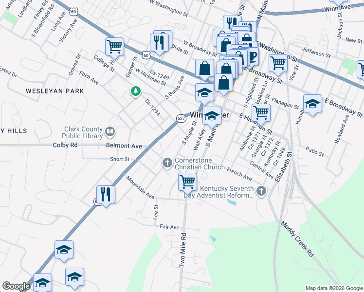 map of restaurants, bars, coffee shops, grocery stores, and more near 419 South Maple Street in Winchester