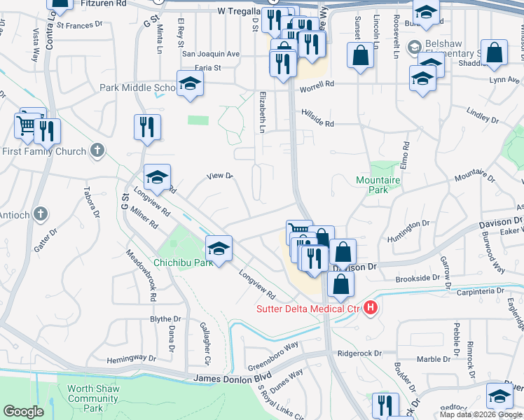 map of restaurants, bars, coffee shops, grocery stores, and more near 36 Terranova Drive in Antioch