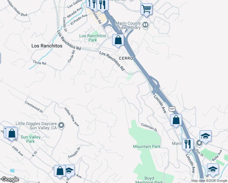 map of restaurants, bars, coffee shops, grocery stores, and more near 25 Red Rock Way in San Rafael