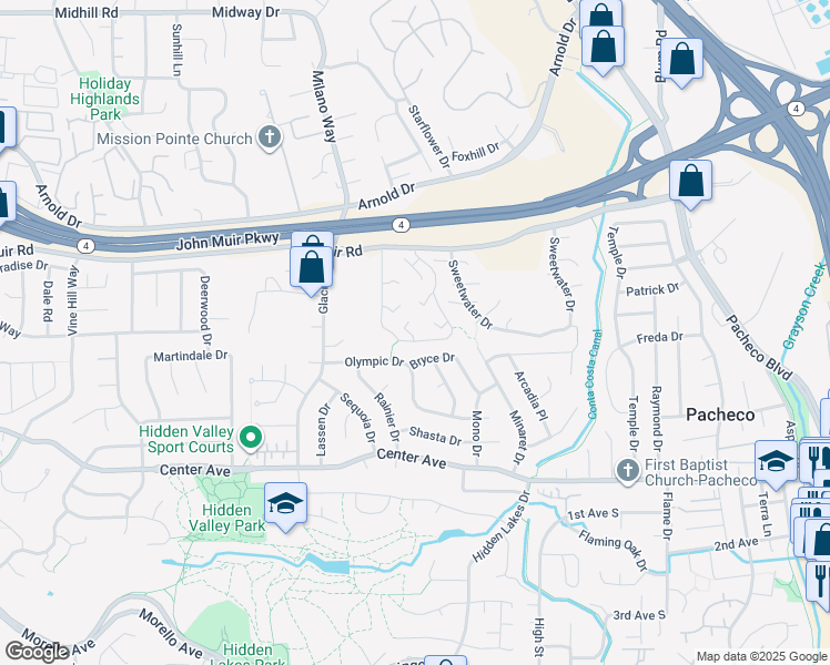 map of restaurants, bars, coffee shops, grocery stores, and more near 105 Fountainhead Court in Martinez